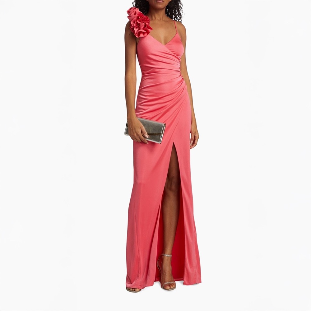 ML Monique Lhuillier Rosa Jersey Floral Appliqué Gown - Coral Pink, NWT